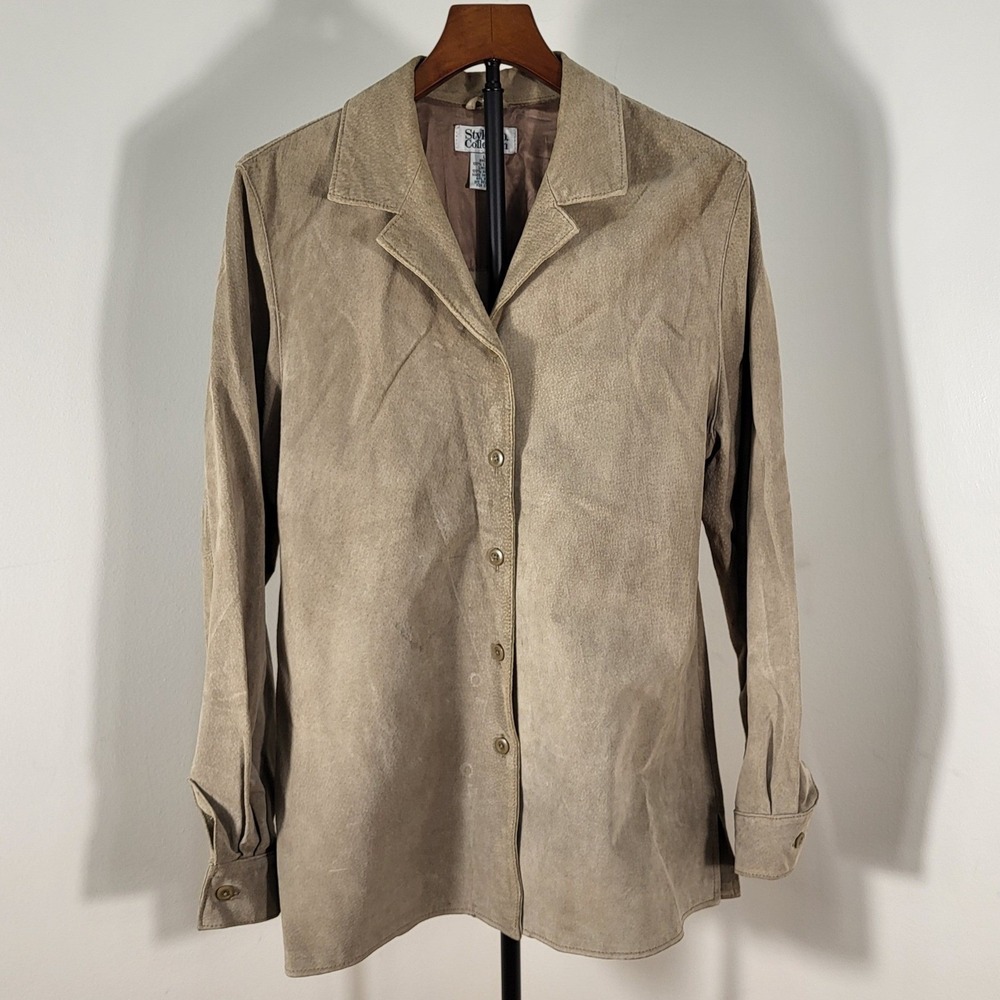 Style & Co Collection Tan Suede Leather Button Front Jacket Womens Large Lined